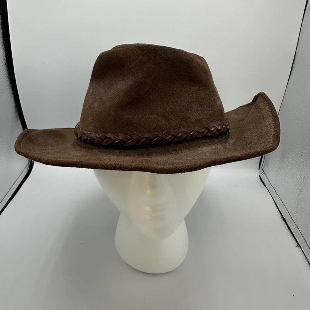 Genuine Leather Hat Cowboy Fitted Brown Suede Braid Band Concho Western Festival